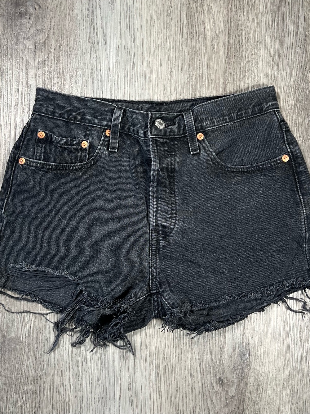 Levis 501 Denim Shorts Womens Black Distressed Cut Off High Rise Size 27 Jean 2”